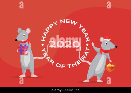 2020 New Year greeting card template. Cute cartoon rats in Christmas hats isolated on red background with inscription. Winter holiday printable flat horizontal banner design, postcard layout Stock Vector