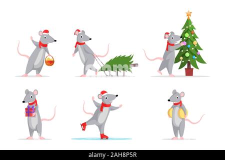 New Year rats flat illustrations set. Cute mice skating, decorating fir tree, with gift box icons, sticker collection. Adorable mouse preparing for winter holidays cartoon characters isolated on white Stock Vector
