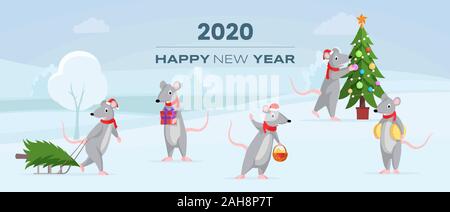 2020 happy New Year horizontal banner. Cute rats preparing for holiday, decorating fir tree vector cartoon characters and blue inscription. Winter festive greeting card, poster flat design template Stock Vector