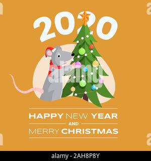 Happy New Year postcard vector template. Funny mouse decorating fir tree cartoon character and merry Christmas white inscription. Xmas greeting card, social media post design layout Stock Vector