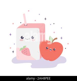 kawaii box juice with straw and apple cartoon vector illustration Stock Vector