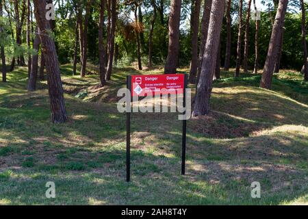 Fields pocked with craters and full of unexploded bombs from WWI near the Canadian National Vimy Memorial (First World War Memorial) near Arras. Stock Photo