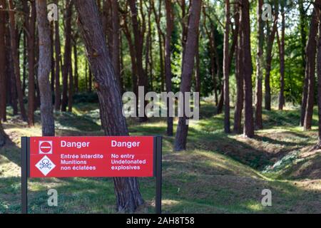 Fields pocked with craters and full of unexploded bombs from WWI near the Canadian National Vimy Memorial (First World War Memorial) near Arras. Stock Photo