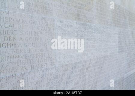 Names of the soldiers fallen in WW I. Canadian National Vimy Memorial (First World War Memorial) on the Vimy Ridge near the town of Arras. Stock Photo