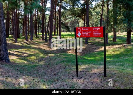 Fields pocked with craters and full of unexploded bombs from WWI near the Canadian National Vimy Memorial (First World War Memorial) near Arras. Stock Photo