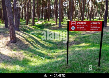 Fields pocked with craters and full of unexploded bombs from WWI near the Canadian National Vimy Memorial (First World War Memorial) near Arras. Stock Photo