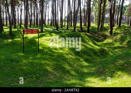 Fields pocked with craters and full of unexploded bombs from WWI near the Canadian National Vimy Memorial (First World War Memorial) near Arras. Stock Photo