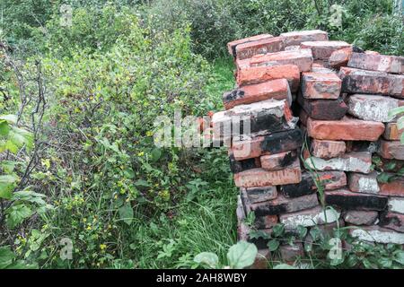 Pile of stacked rows of old, cracked, burnt bricks in an abandoned, unkempt, overgrown garden in summer. Stock Photo