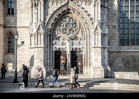 BUDAPEST, HUNGARY - JANUARY 07, 2019: Ornate architectural details of the Matthias Church entrance Stock Photo