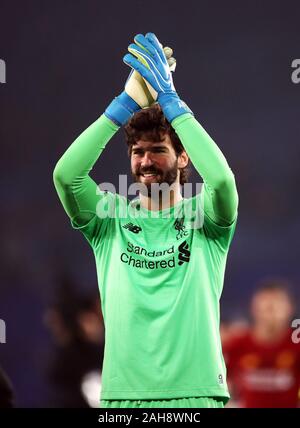 Liverpool goalkeeper Alisson applauds the fans before the UEFA ...