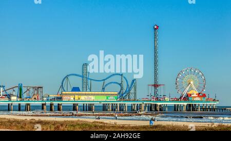 Galveston Pleasure Pier and Seawall Urban Park on Seawall Boulevard, Galveston, Texas Stock Photo