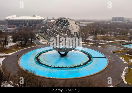 Queens, New York - March 10 2019: The iconic Unisphere in Flushing Meadows Corona Pk. in Queens. The 12 story structure was commissioned for the 1964 Stock Photo