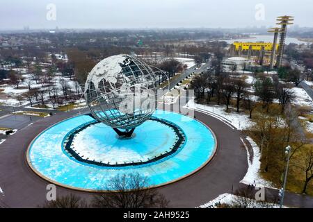 Queens, New York - March 10 2019: The iconic Unisphere in Flushing Meadows Corona Pk. in Queens. The 12 story structure was commissioned for the 1964 Stock Photo