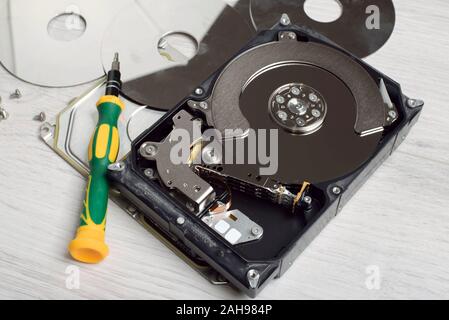 Internal components of the computers hard drive. Repair and maintenance of hard drives. Carrying out work in the service. Stock Photo