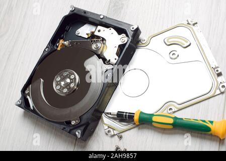 Internal components of the computers hard drive. Repair and maintenance of hard drives. Carrying out work in the service. Stock Photo
