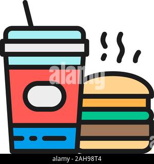 Fast food, american food, burger and soda flat color line icon. Stock Vector