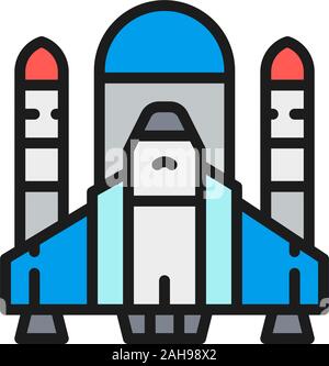 Vector space shuttle, rockets, airplane flat color line icon. Stock Vector