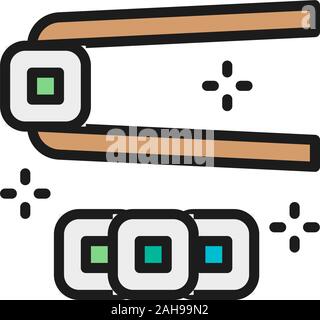 Rolls with chopsticks, japanese cuisine flat color line icon. Stock Vector