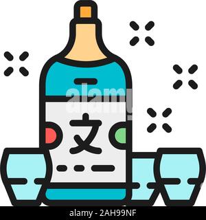 Japanese sake, alcohol flat color line icon. Isolated on white background Stock Vector
