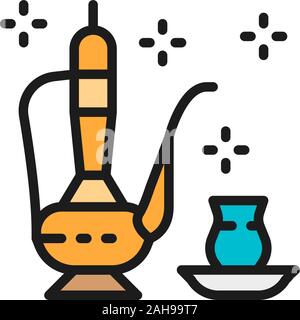 Traditional Saudi Arabian tea, arabian drink flat color line icon. Stock Vector