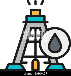 Industrial drilling rig tower platform, oil fuel equipment flat color line icon. Stock Vector