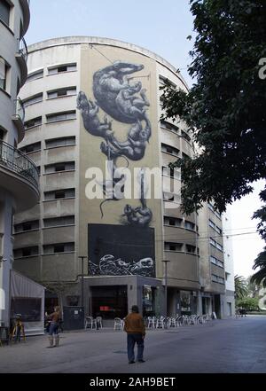 Mural of tumbling rats by ROA a graffiti and street artist from Ghent Belgium.in Soho Malaga Spain Stock Photo