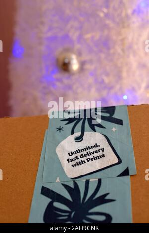 Amazon prime parcels at Christmas Stock Photo