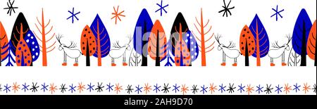 Seamless border, repeating ribbon. Blue and orange colors. Cute cartoon trees on a white background.. Stock Vector