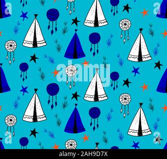 Seamless pattern in Scandinavian style for children .. Cute cartoon trees and tents on a blue background. Wigwam for the Indians. Drawings for boys. Stock Vector