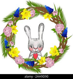 Easter wreath with spring flowers. Lettering spring. Element for the design of spring banners and posters. Isolated on a white background.. Stock Vector