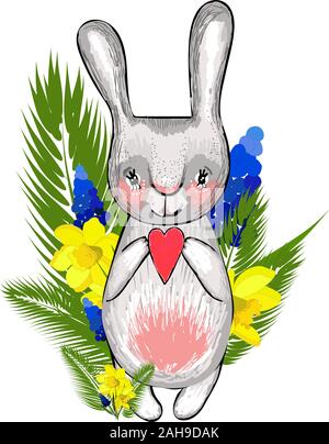 Easter bunny with spring flowers. Element for the design of spring banners and posters. Isolated on a white background.. Stock Vector