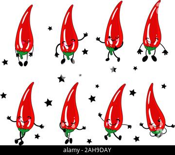 Chilli. Hot pepper jalapeno character. Cute cartoon lackey with arms and legs. Set of vegetablesisolated on a white background.. Stock Vector