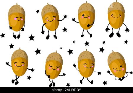 Acorn. Walnut with oak character. Cute cartoon acorn with arms and legs. Set of nuts Isolated on a white background.. Stock Vector