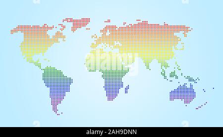 Dotted world map with smooth color gradient on light blue background. LGBT movement's rainbow flag's colors. High resolution concept illustration. Stock Photo