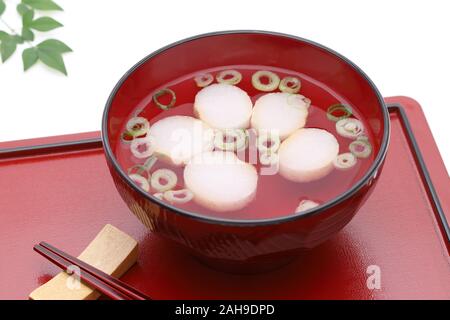 Japanese food, Osuimono soup of fu and green onion in a bowl Stock Photo
