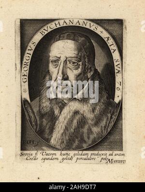 George Buchanan, Scottish historian and humanist scholar, age 70, 1506-1582. Georgius Buchananus aeta suae 70. Copperplate engraving by Johann Theodore de Bry from Jean-Jacques Boissard’s Bibliotheca Chalcographica, Johann Ammonius, Frankfurt, 1650. Stock Photo