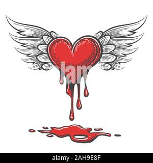 Winged bleeding heart emblem in cartoon style. Valentines Day Vector Illustration Stock Vector