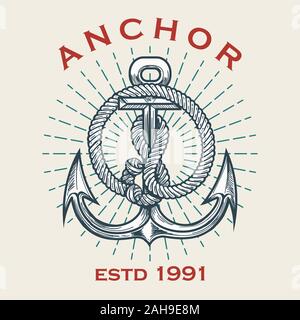 Retro Nautical emblem of anchor in ropes and sun beams. Vector illustration. Stock Vector