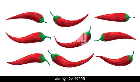 Red hot chili pepper set isolated on a white background. Vector illustration. Stock Vector