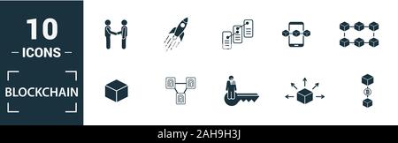 Blockchain icon set. Include creative elements block, distribution, confirmation, anonymity, protocol icons. Can be used for report, presentation Stock Photo