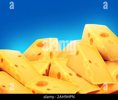 Triangular swiss cheeses in a blue background Stock Photo