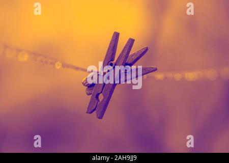 Two old wooden clothespins hanging on a clothesline in rainy weather, warm tone. Stock Photo
