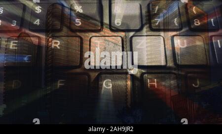 Smart city concept with German keyboard of a laptop overexposed on skyscrapers in low key digitally enhanced image. Stock Photo
