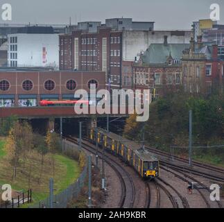 Nexus Tyne and Wear Metro cars departing from Sunderland railway station with a service to South Hylton Stock Photo