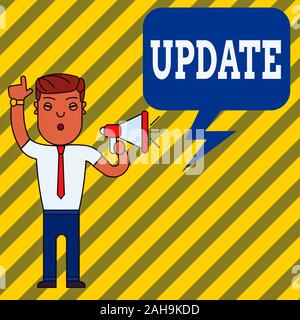 Word writing text Update. Business photo showcasing make something more modern or up to date like software programs Man Standing with Raised Right Ind Stock Photo