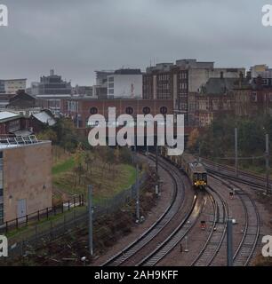 Nexus Tyne and Wear Metro cars departing from Sunderland railway station with a service to South Hylton Stock Photo