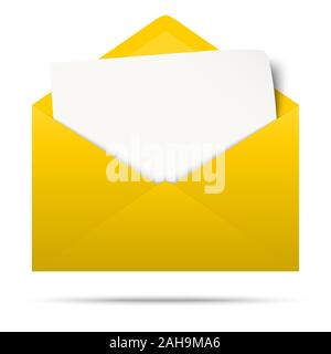 vector illustration with yellow colored envelope with white empty paper isolated on white background Stock Vector
