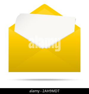 vector illustration with yellow colored envelope with white empty paper isolated on white background Stock Vector