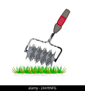 Lawn aeration tool isolated on white background. Cartoon lawn aeration machine icon. Lawn grass care service. Simple flat symbol.Vector illustration. Stock Vector