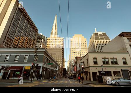 Street scene with Kearny Street and Clay Street in Chinatown, San Francisco, CA, USA. Sep 2019 Stock Photo